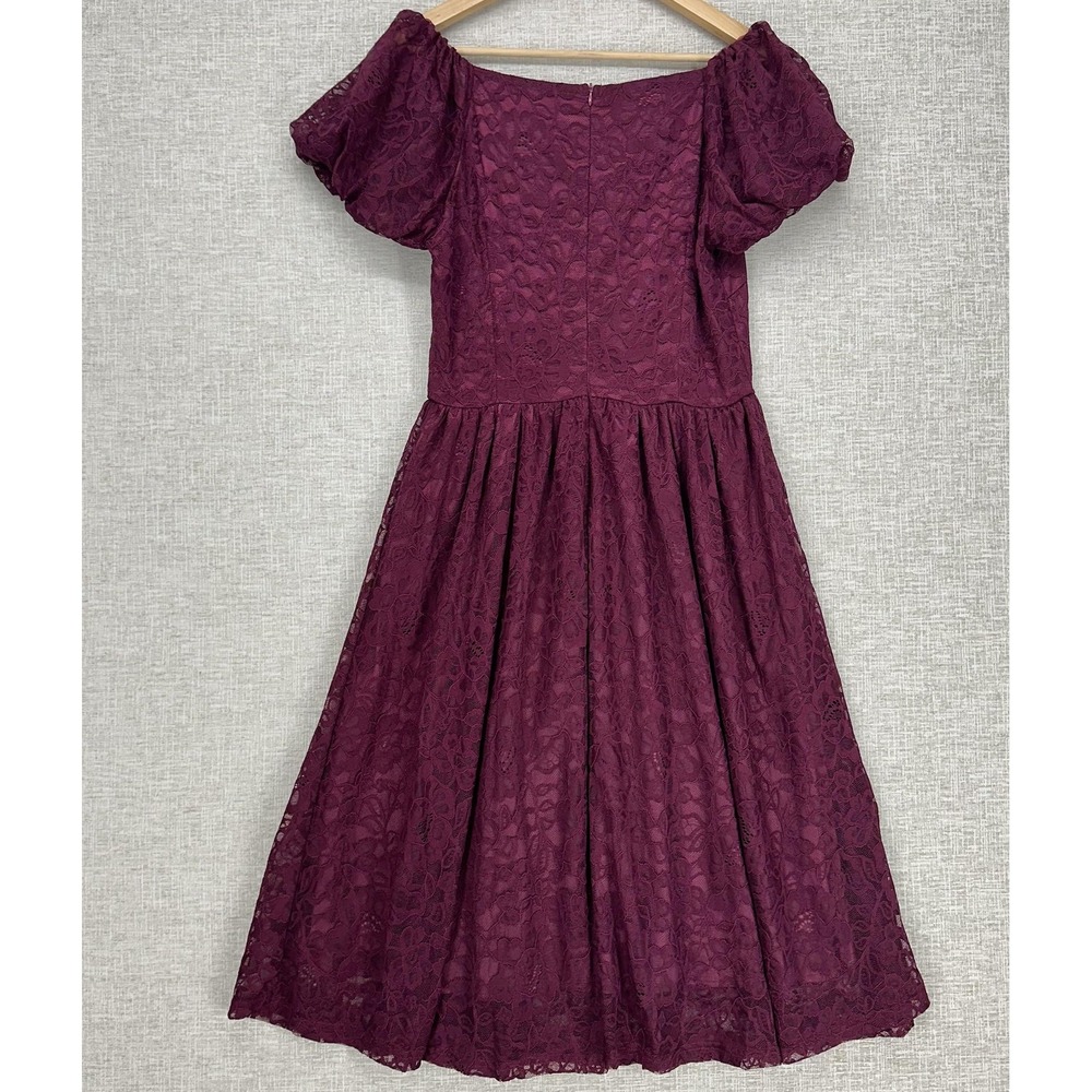 Dress Womens Medium Burgundy Lace Shoulder‎ Puff Sleeve Fit Flare Midi Formal - Picture 4 of 11